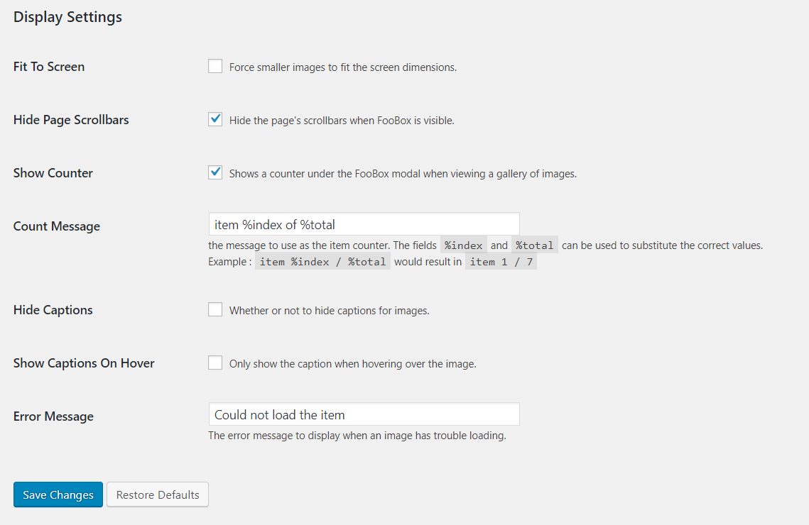 FooBox display and asset loading settings