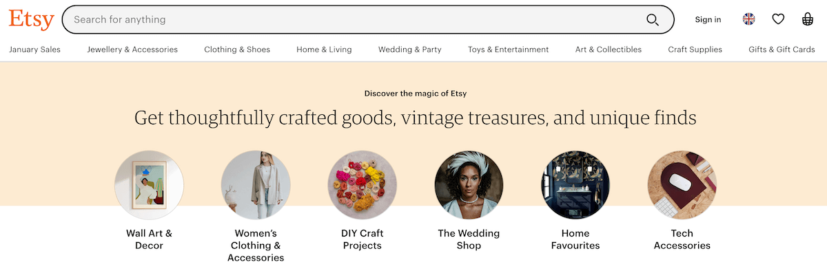 Etsy homepage to sell unique finds digital prints