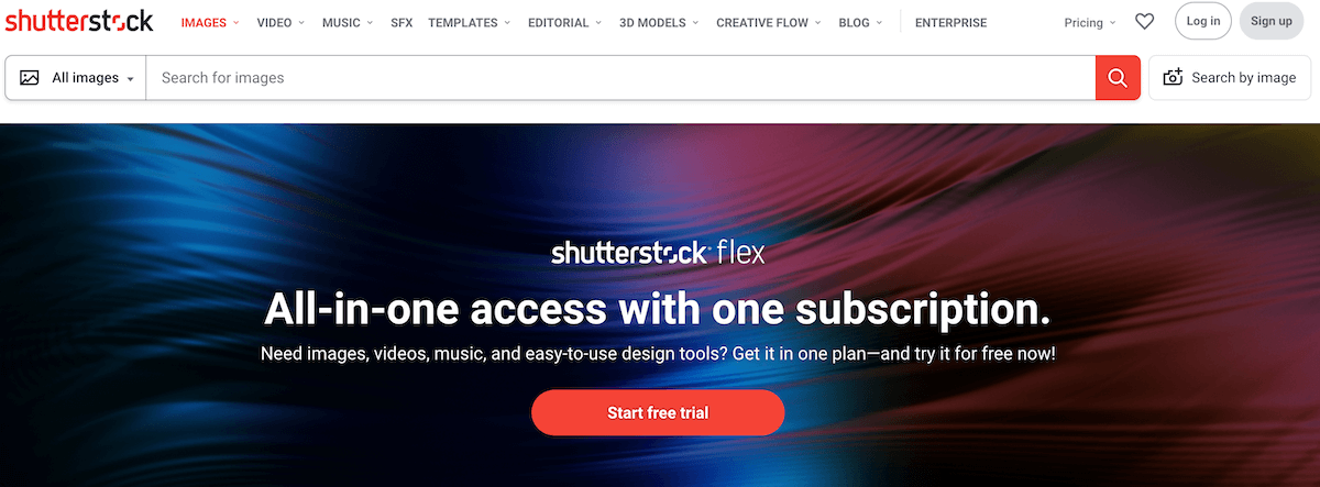 Shutterstock homepage and their all-in-one access offer
