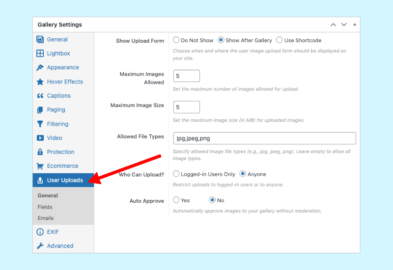 FooGallery User Uploads - settings panel